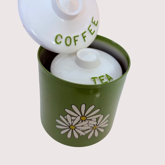 Vintage Green Daisy Coffee & Tea Canister Set With White Lids Retro Kitchen Deco - Picture 6 of 16